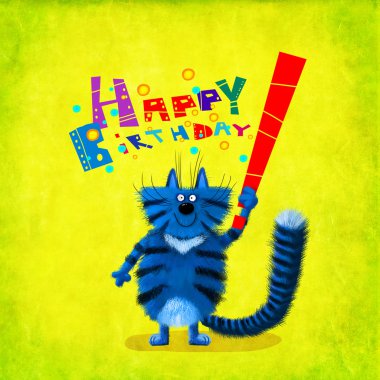 Doğum günü kartı mavi sarı arka plan üzerinde duran kedi 