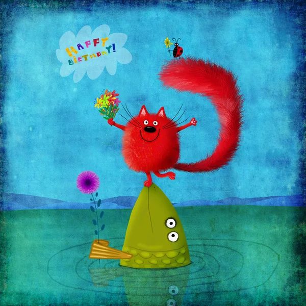 Birthday Card Fish Cat And Ladybug With Flowers — Stock Photo, Image