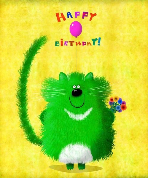 Cartão de aniversário Sorrindo Green Cat com flores e balão — Fotografia de Stock