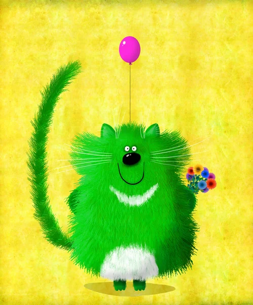 Zielony kot z kwiatami i balon na żółtym tle — Zdjęcie stockowe