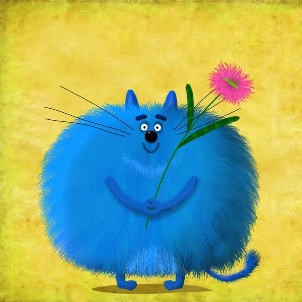 Big Blue Cat Holding Violet Aster — Stock Photo, Image