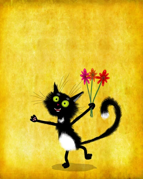 Schwarzes Kätzchen mit gelben Augen, die Blumen halten — Stockfoto