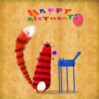 Doğum günü kartı çiçek ve balon tutan arkadaşlar kediler 