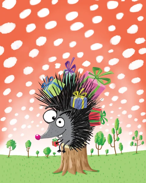 Hedgehog with Presents on Spikes — Stock Photo, Image