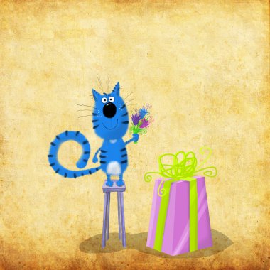 Blue Kitten on Stool with Flowers and Present  clipart