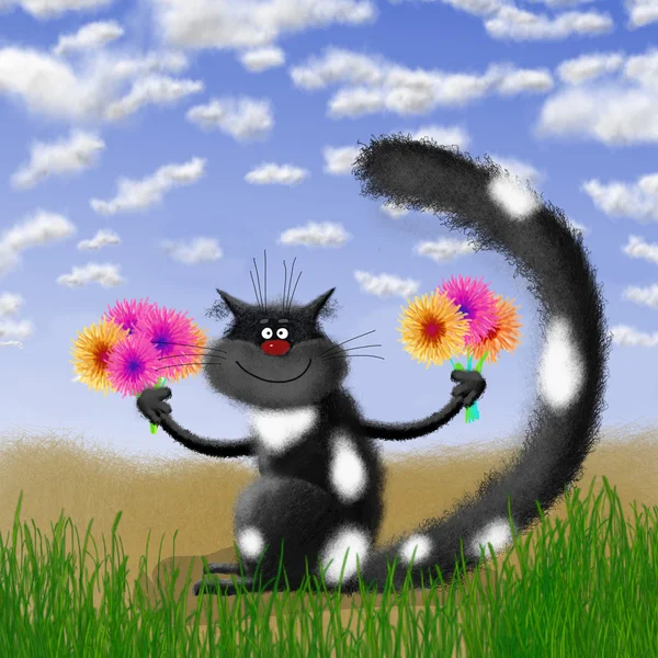 Schwarze Katze mit Blumen im Grasland — Stockfoto