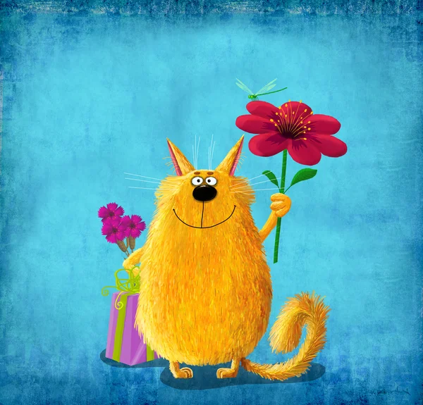 Yellow Cat with Flowers Gift and Dragonfly — Stock Photo, Image