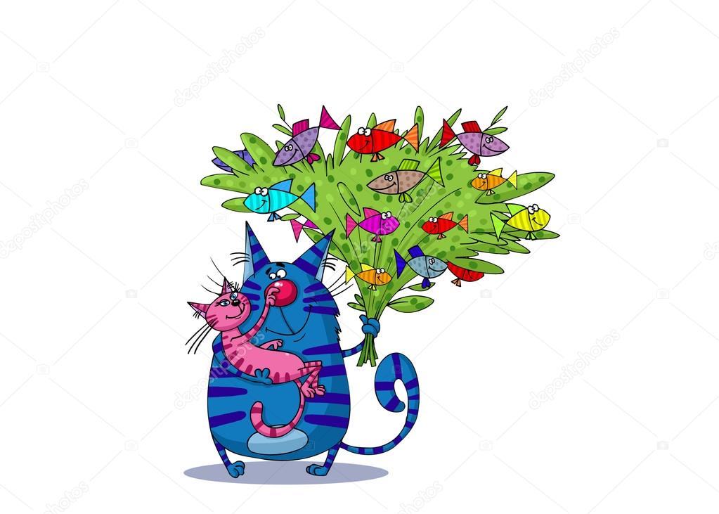 Blue Cat Holding Pink Cat and Bunch of Fishes in its Arms 