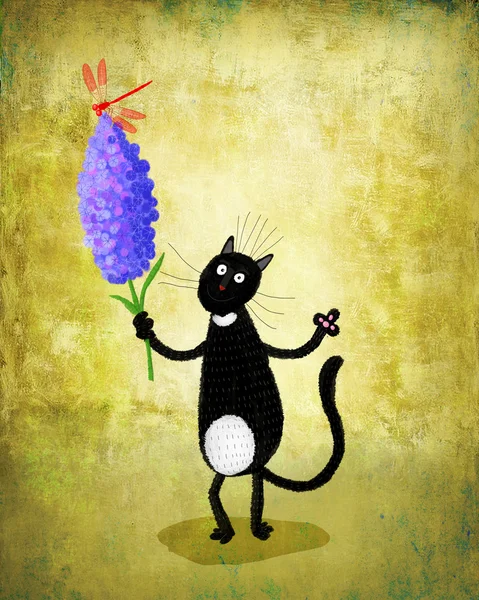 Svart katt håller violett blomma med trollslända — Stockfoto
