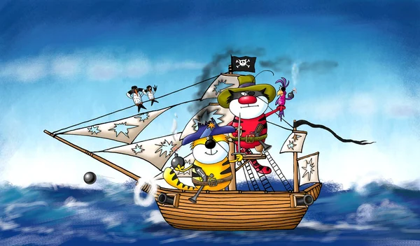 Koty piraci na statku — Zdjęcie stockowe