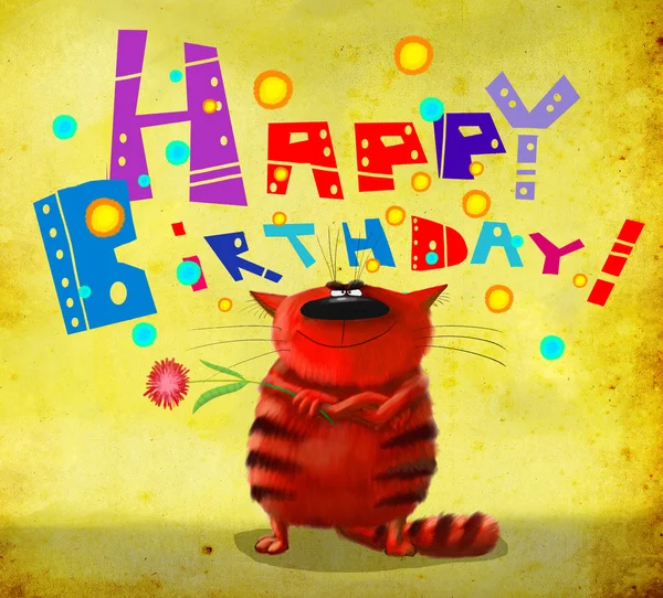 Щаслива листівка день народження Жорстка кішка з квіткою — стокове фото