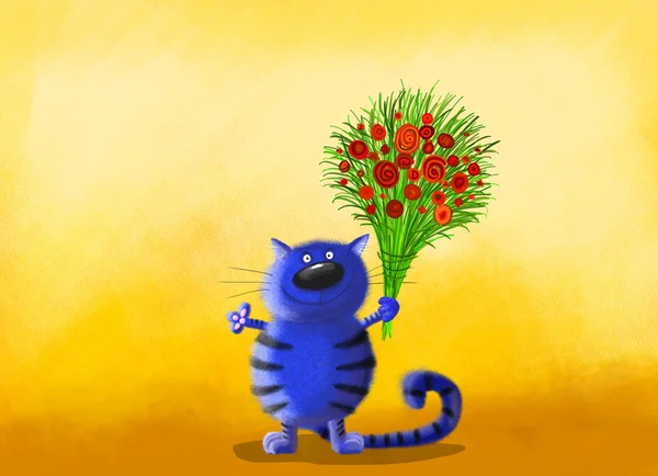 Blaue Katze mit Blumen auf gelbem Hintergrund — Stockfoto