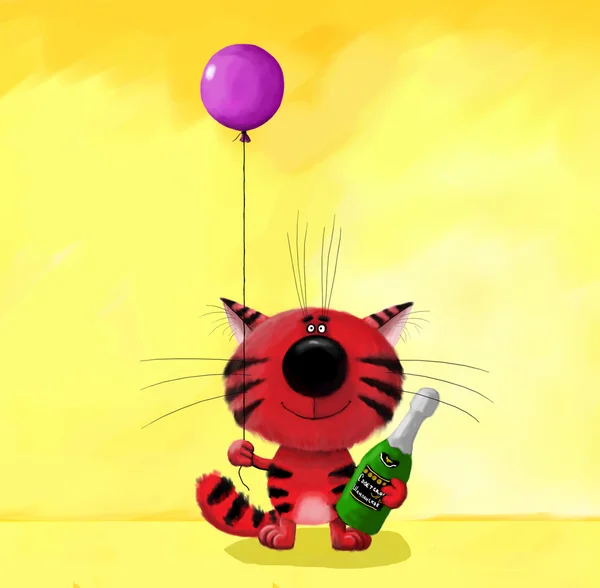 Red Cat Holding Balloon and Champagne Bottle — Stock Photo, Image