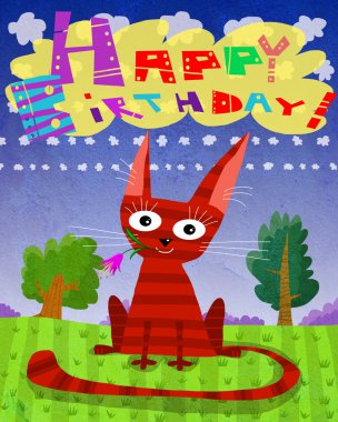 Doğal zemin üzerine ağzına çiçekli kırmızı kedi yavrusu