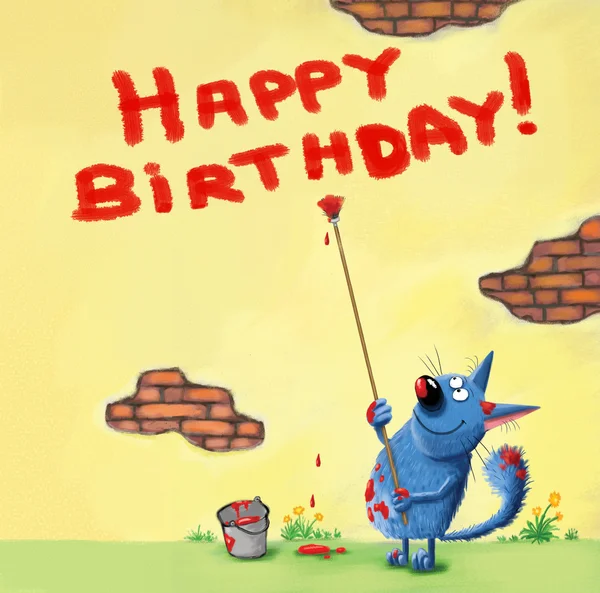 Cartão de feliz aniversário escrita na parede de gato — Fotografia de Stock