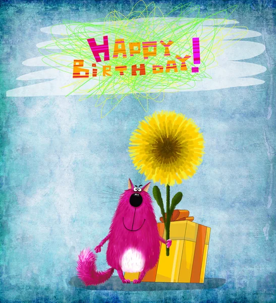 Happy Birthday Card Pink Cat with Huge Yellow Flower — Stock Photo, Image