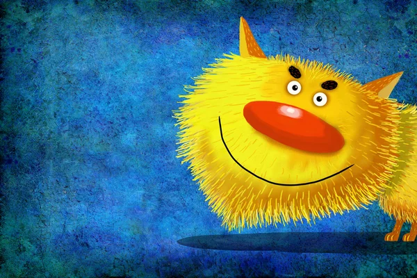 Голова жовта посміхаючись кіт на синьому фоні — стокове фото
