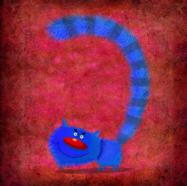 Blue Smiling Cat com soprado no fundo vermelho — Fotografia de Stock