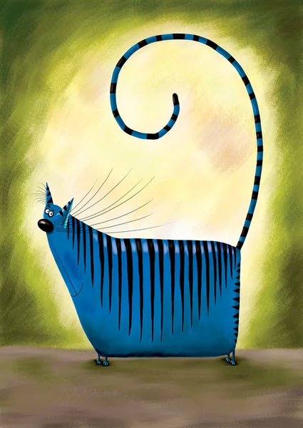 Tłuszczu niebieski pasiasty kot na zielonym tle — Zdjęcie stockowe