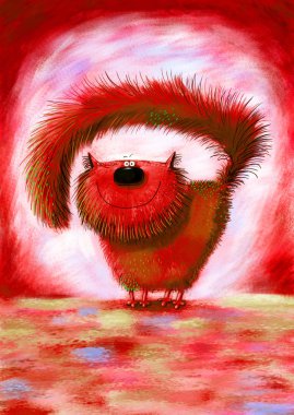 Red Cat with Puffed Up Tail on Red Background 