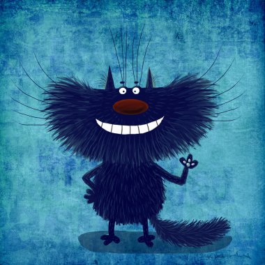 Indigo Blue Smiling Cat on the Blue Background 