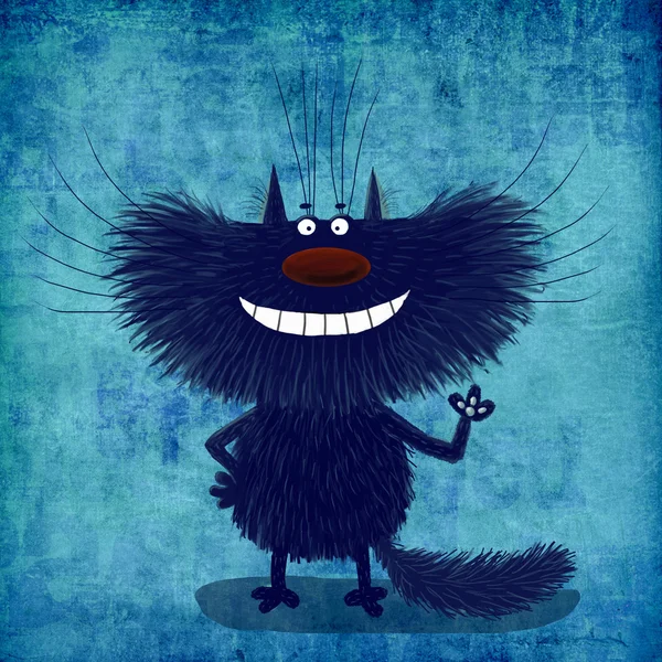 Indigo Blue Smiling Cat on the Blue Background 