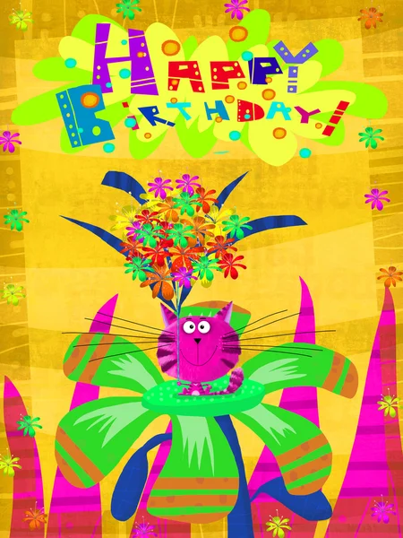 Feliz cumpleaños tarjeta gatito en flor — Foto de Stock
