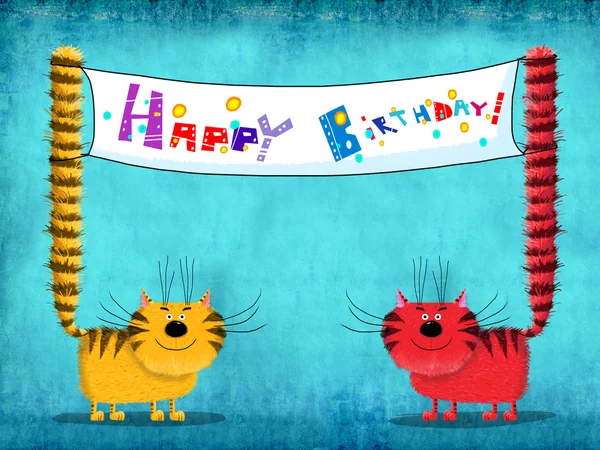 वाढदिवस शुभेच्छा कार्ड दोन मांजरी होल्डिंग प्लेकार्ड — स्टॉक फोटो, इमेज