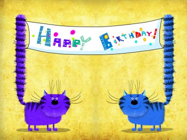 Mutlu doğum günü kartı iki kedi Sarı zemin üzerine