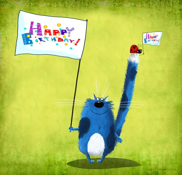 Χαρούμενα γενέθλια κάρτα γάτα και πασχαλίτσα με σημαίες — Φωτογραφία Αρχείου