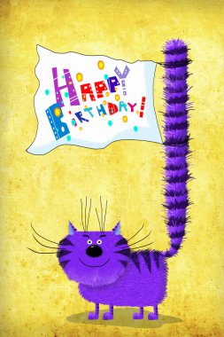 Mutlu doğum günü kartı selamlar bayrak ile mor kedi 