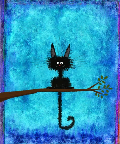Czarny kot siedzi na gałązka — Zdjęcie stockowe