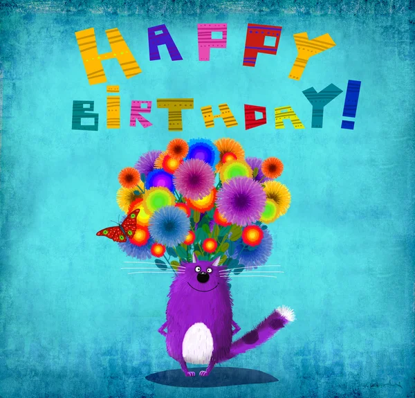 Happy Birthday Card Violet Cat With Flowers — Stock Photo, Image