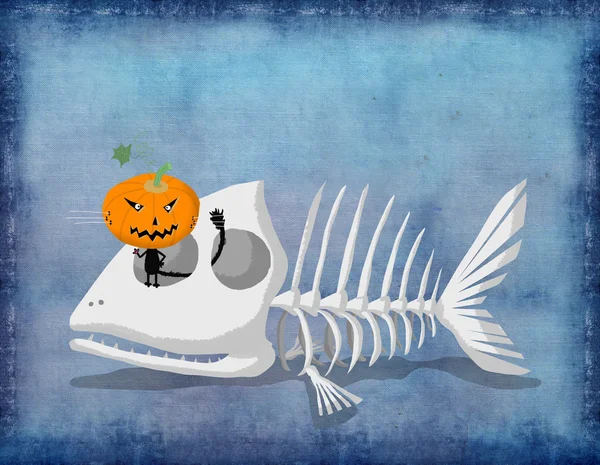 Cartão de Halloween Black Cat em esqueleto de peixe — Fotografia de Stock