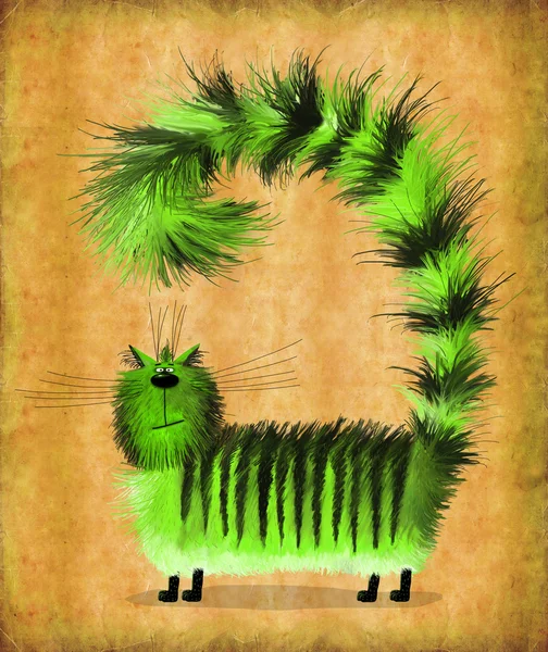 Green Cat with Puffed Up Tail — Stock Photo, Image