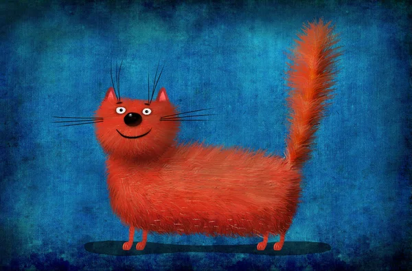 Red Fluffy Cat on Background Painted Linen — Stock Photo, Image