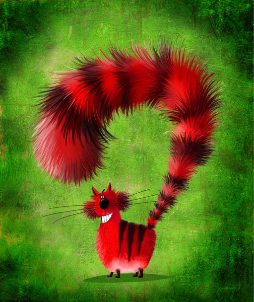 Cat with Puffed Up Tail on Green Background — Stock Photo, Image