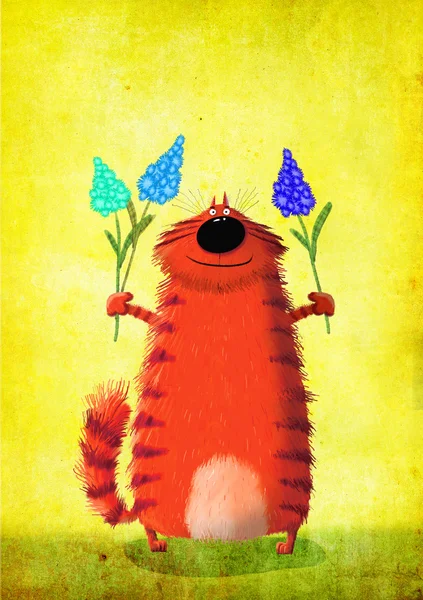 Rote Katze mit Blumen in den Beinen — Stockfoto