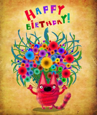 Renkli çiçek grup ile pembe kedi yavrusu 