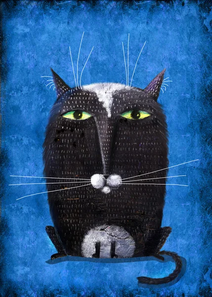 Schwarze Katze wie Eule auf blauem Hintergrund — Stockfoto