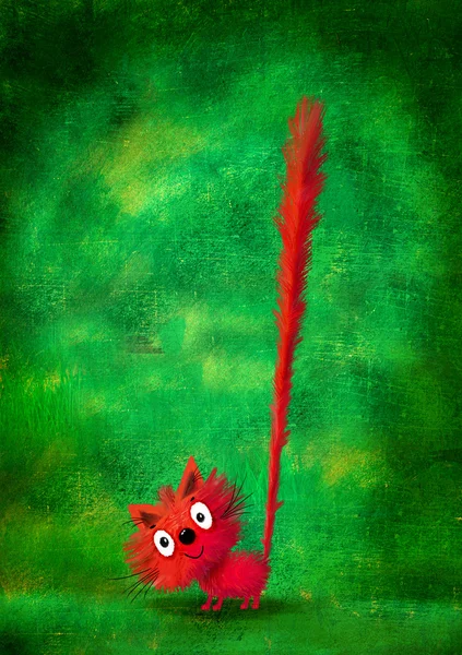 Red Kitten with Long Tail on Green Background — Stock Photo, Image