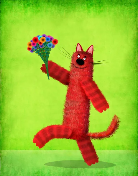 歩行花の束が付いて赤いふわふわ猫 — ストック写真