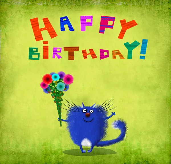 Uśmiechający się niebieski kot z bukiet kwiatów — Zdjęcie stockowe