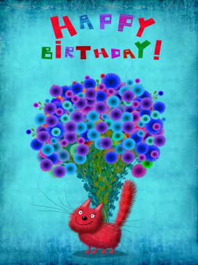 Mavi çiçek grup ile kırmızı kedi yavrusu