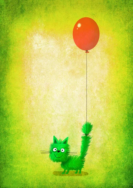 Chaton souriant vert avec ballon sur la queue — Photo