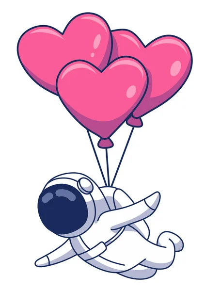 Astronauta Bonito Voando Com Ajuda Balões Coração Desenho Animado Ilustração — Vetor de Stock