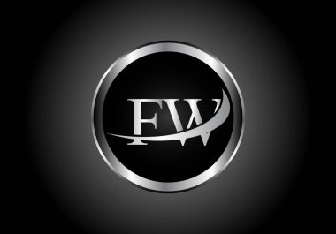 gümüş harfli FW metal kombinasyon alfabe logosu tasarımı bir şirket veya işletme için siyah ve beyaz gradyan tasarımında gri renkli