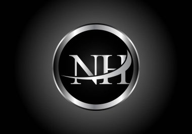 gümüş harfli NH metal kombinasyonu alfabe logosu tasarımı bir şirket veya işletme için siyah ve beyaz gradyan tasarımında gri renkli