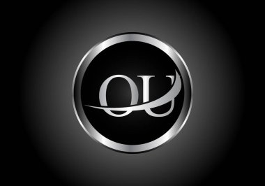 gümüş harfli OU metal kombinasyon alfabe logosu tasarımı. Siyah ve beyaz gradyan tasarımlı bir şirket veya işletme için gri renk.