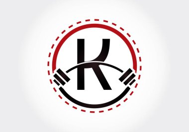 K harfiyle başlayan halterli alfabe. Vektör logosu tasarımı kaldırılıyor. Vücut geliştirme, spor salonu, fitness ve şirket kimliği için modern vektör logosu